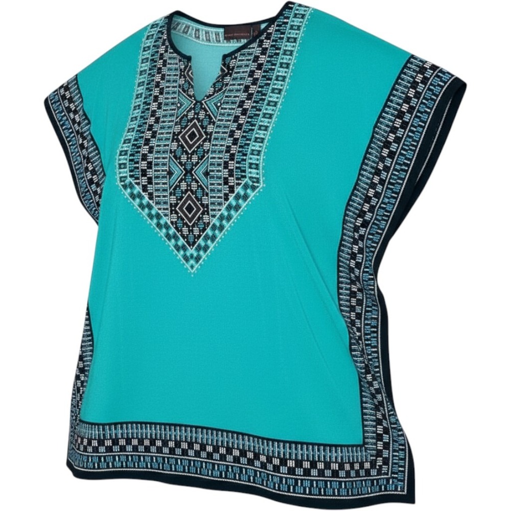 Dana Buchman Kaftan Top Womens Large Teal Excellent Geometric V-Neck Poncho